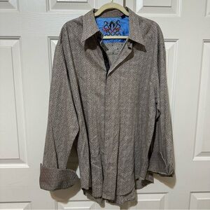 Robert Graham Shirt Mens 2XL  Beige Blue Damask Long Sleeve Button Down